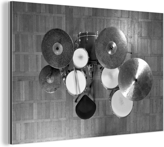 Wanddecoratie Metaal - Aluminium Schilderij Industrieel - Afbeelding van een drumstel - zwart wit - 30x20 cm - Dibond - Foto op aluminium - Industriële muurdecoratie - Voor de woonkamer/slaapkamer