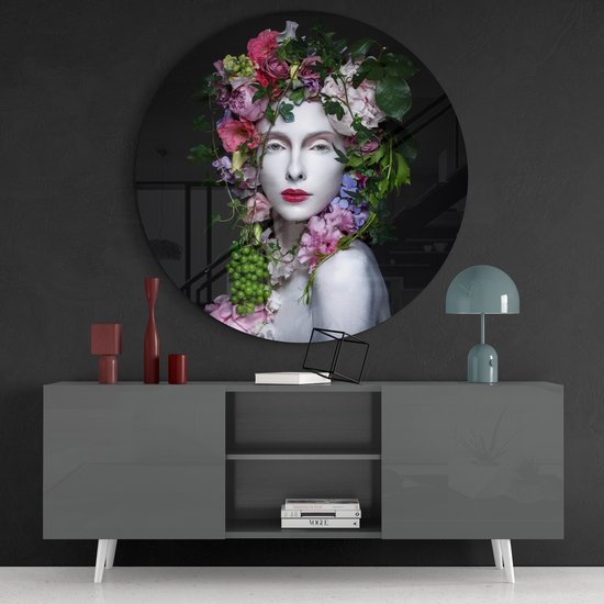 Insigne Glazen Schilderijen - Vrouw met bloemen - Glasschilderij - Rond - Muurcirkel - 60 cm - 4 mm