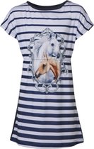 Meisjes jurk korte mouwen  paarden print - gestreept marine/wit | Maat 152/ 12Y