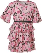 Meisjes laagjes bloemenprint  jurk 3/4 mouwen met riem - roze | Maat 140/ 10Y (valt als 128/8Y)