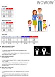 Maattabel voor WOWOW kleding voor mannen, vrouwen en kinderen, met illustraties van een gezin.