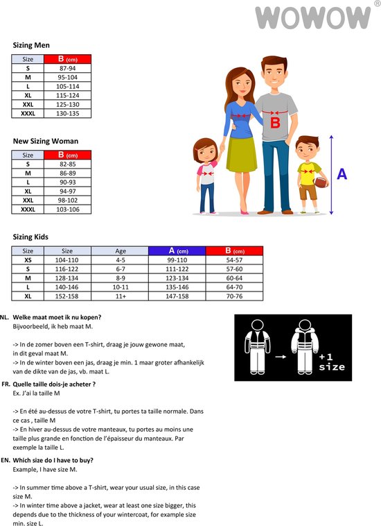 Maattabel voor WOWOW kleding voor mannen, vrouwen en kinderen, met illustraties van een gezin.