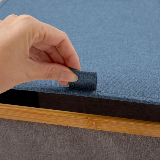 Boîte de rangement pliable Lumaland avec cadre en bambou en lot de 3 boîtes avec couvercle deux fois dans les tailles 54 x 33 x H 26 cm et 45 x 30 x H 23 cm et 38 x 26 x H 16 cm Couvercle Grijs / boîte bleue