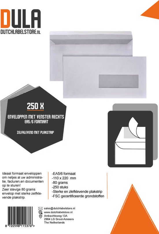 DULA - EA5/6 Enveloppen - 110 x 220 mm - Venster rechts - 250 Stuks - Zelfklevend met plakstrip - 80 gram