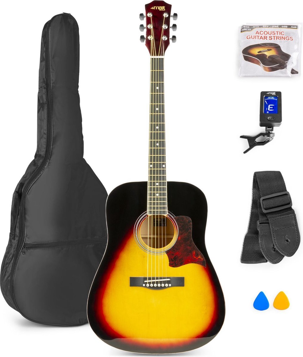Bol.com Akoestische gitaar voor beginners - MAX SoloJam Western gitaar 4/4 - incl. gitaar stemapparaat, gitaartas en 2x plectrum... aanbieding