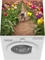 Wasmachine beschermer mat - Mopshond - Tulpen - Bloemen - Breedte 60 cm x hoogte 60 cm