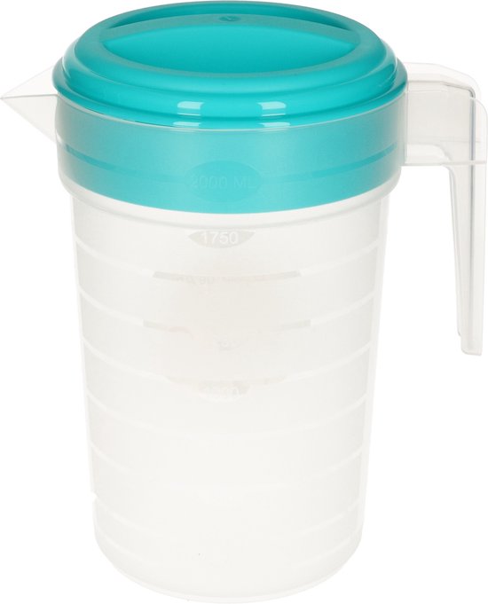 Waterkan/sapkan transparant/blauw met deksel 2 liter kunststofÃÂ¯ÃÂ¿ÃÂ½- Smalle schenkkan die in de koelkastdeur past
