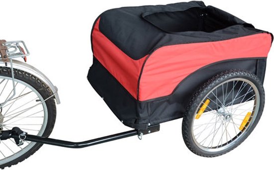 Zijaanzicht van een rode en zwarte fietskar die aan een fiets is bevestigd.
