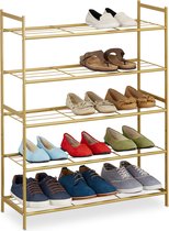 Relaxdays stapelbaar schoenenrek - 5 laags - schoenenstandaard metaal - schoenen organizer - goud