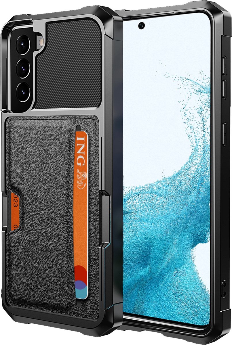 Geschikt voor Samsung S22+ Pasjes houder Hoesje Case - Magnetisch Portemonnee Hoesje Cover - Zwart