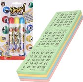 100x Bingokaarten nummers 1-75 inclusief 3x bingostiften blauw/geel/rood