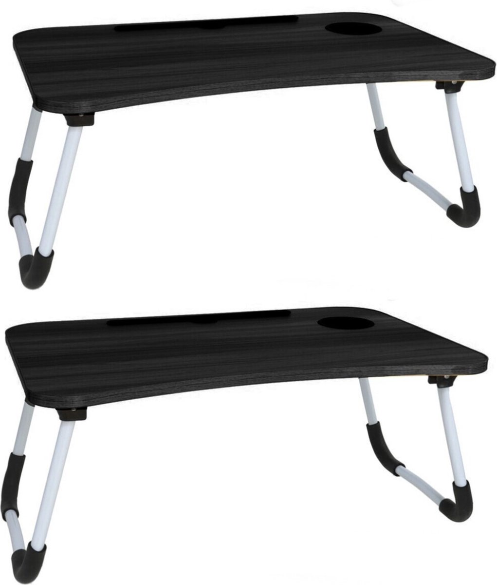 2x stuks laptoptafel / schoottafel / bedtafel zwart MDF hout 65 x 40 x 26 cm - Tafeltje met tablethouder en bekerhouder