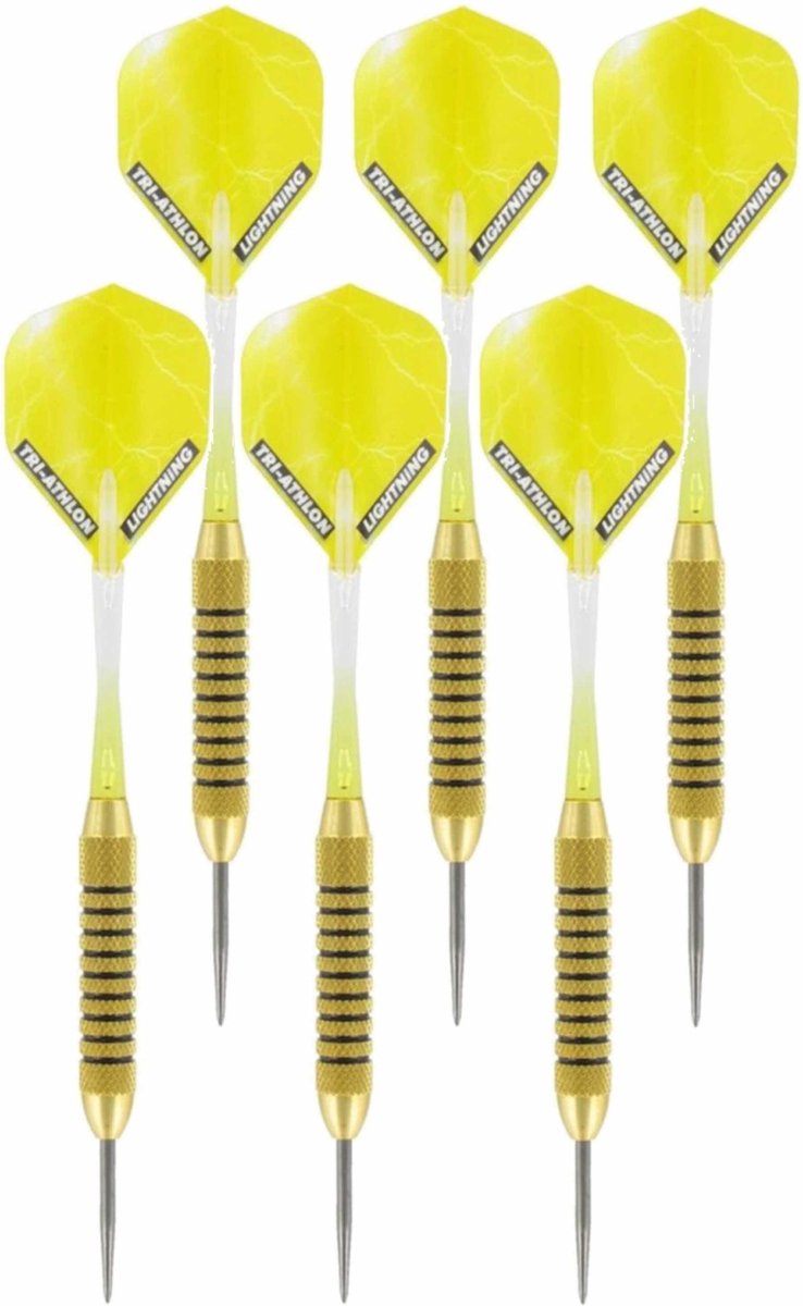 2x Set van 3 dartpijlen Speedy Yellow Brass 21 grams - Darten/darts sport artikelen pijltjes messing