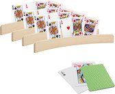 4x pièces Porte-cartes cartes à jouer - dont 54 cartes à jouer damier vert - bois - 35 cm - porte-cartes