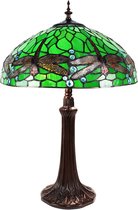 LumiLamp Tiffany Tafellamp Ø 41*59 cm E27/max 2*60W Groen, Geel, Rood Metaal, Glas Libelle Tiffany Bureaulamp Tiffany Lampen Glas in Lood