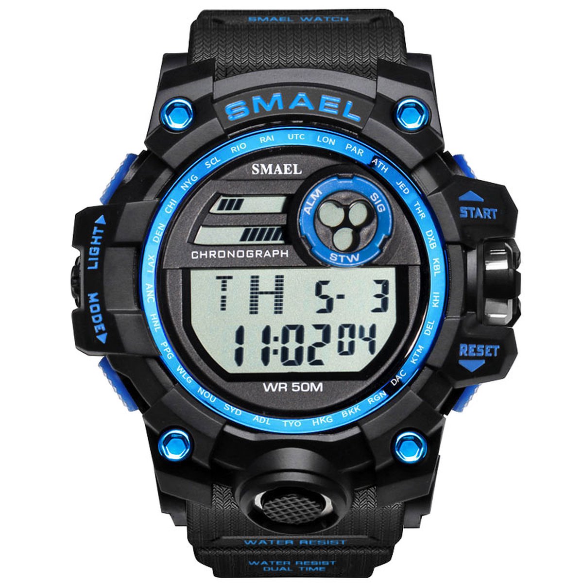 Heren Horloge Digitaal Shock Bestendig Zwart Blauw met rubber band | Smael | 1545D | Waterdicht | Glow in dark | Mud Master | Leger | Licht | Rubberen band | Timer | Army | Eyecatcher | Master| Vaderdag Cadeau | Vaderdag | kado|