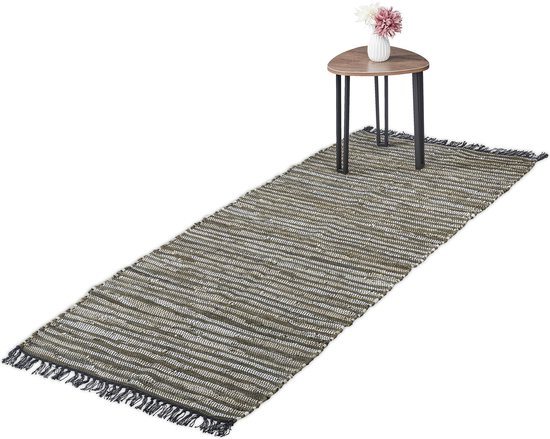 Relaxdays vloerkleed - leder en katoen - tapijt - antislip - chill mat - lappen - franjes - Groen, 80 x 200 cm