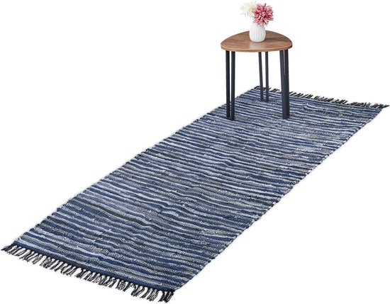 Relaxdays vloerkleed - leder en katoen - tapijt - antislip - chill mat - lappen - franjes - Blauw, 80x200cm