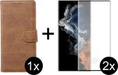 Samsung S22 Ultra Hoesje - Samsung Galaxy S22 Ultra hoesje bookcase bruin wallet case portemonnee hoes cover hoesjes - 2x Samsung S22 Ultra screenprotector