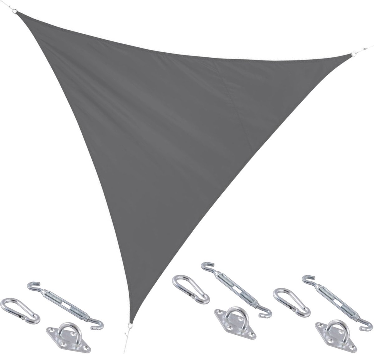 Polyester schaduwdoek/zonnescherm Curacao driehoek grijs 3 x 3 x 3 meter - inclusief bevestiging haken set