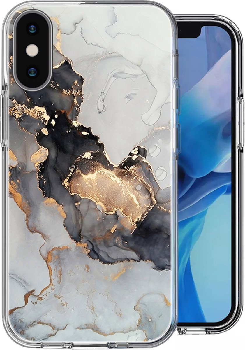Hoesje geschikt voor iPhone X / XS - Siliconen Shock Proof Case Back Cover Hoes Marmer Goud