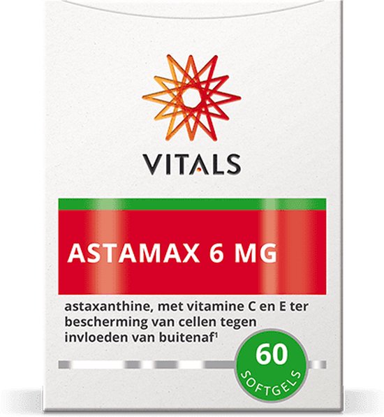 Vitals Astamax 6 mg softgels verpakking. Bevat astaxanthine, met vitamine C en E ter bescherming van cellen tegen invloeden van buitenaf.