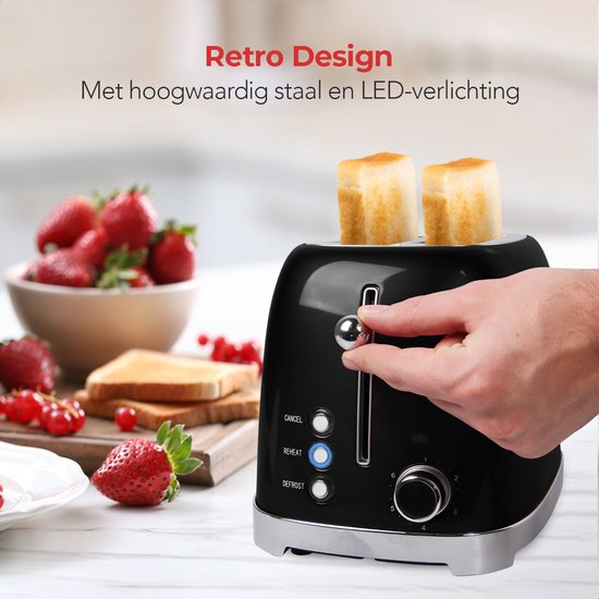 KitchenBrothers Retro Broodrooster - PFAS en BPA Vrij - Toaster - 6 Warmteniveaus - 2 Extra Brede Sleuven - 815W - Zwart