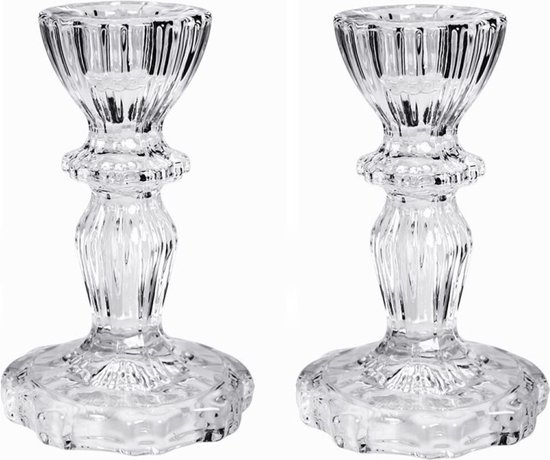 Set van 2x stuks kaarsen kandelaar van decoratief luxe glas 7 x 11 cm - Houder geschikt voor dinerkaarsen