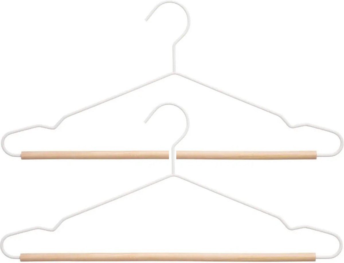 Set van 12x stuks kledinghangers metaal/hout wit 44 x 19 cm - Kledingkast hangers/kleerhangers