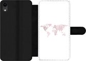 Bookcase Geschikt voor iPhone XR telefoonhoesje - Wereldkaart - Marmer print - Roze - Met vakjes - Wallet case met magneetsluiting