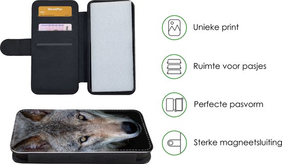 Étui pour iPhone 7 Bookcase - Loup - Portrait - Zwart - Avec poches - Étui portefeuille avec fermeture magnétique