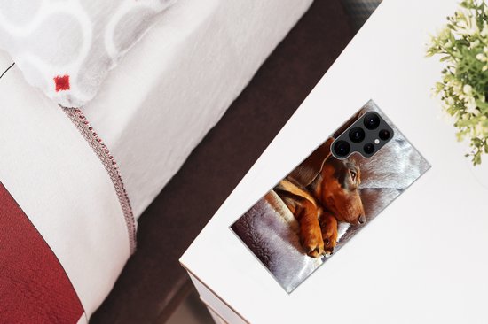 Coque de téléphone compatible avec Samsung Galaxy S22 Ultra - Un teckel mignon est sous les couvertures - Coque de téléphone en Siliconen