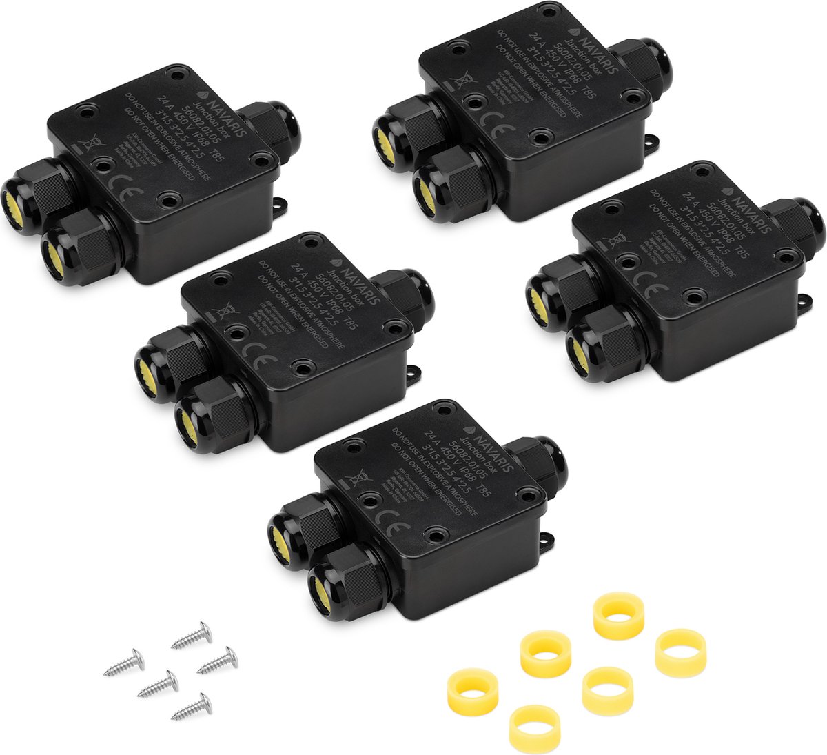 Navaris waterdichte verdeelstekker voor buiten - Set van 5 outdoor verdeeldozen IP68 - Connector voor 3 kabels - Water- en stofdichte drieweg lasdoos