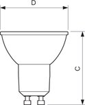 Technische tekening van een GU10 lamp met afmetingen D en C.