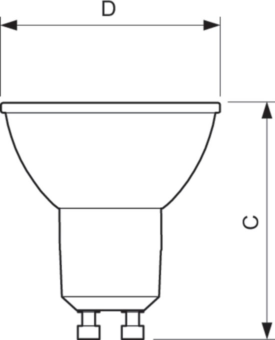 Technische tekening van een GU10 lamp met afmetingen D en C.