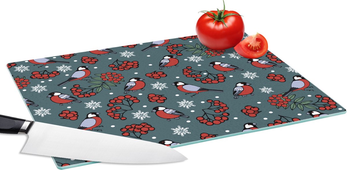 Glazen Snijplank - 39x28 - Vogel - Kerstmis - Sneeuw - Bes - Patronen - Snijplanken Glas