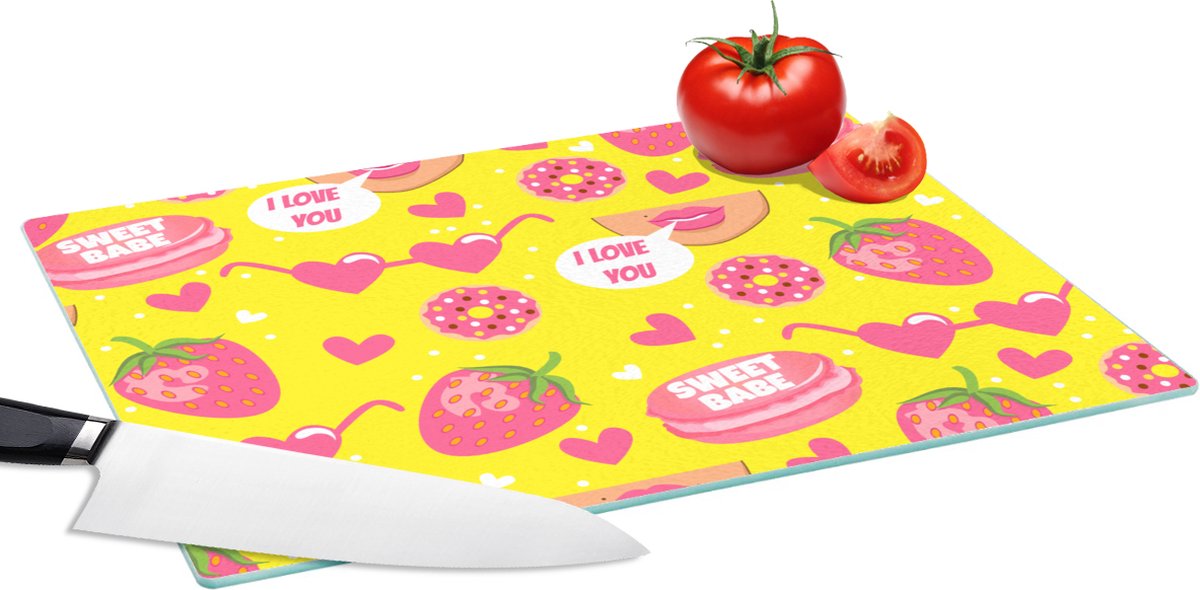 Glazen Snijplank - 39x28 - Eten - Patroon - Roze - Snijplanken Glas