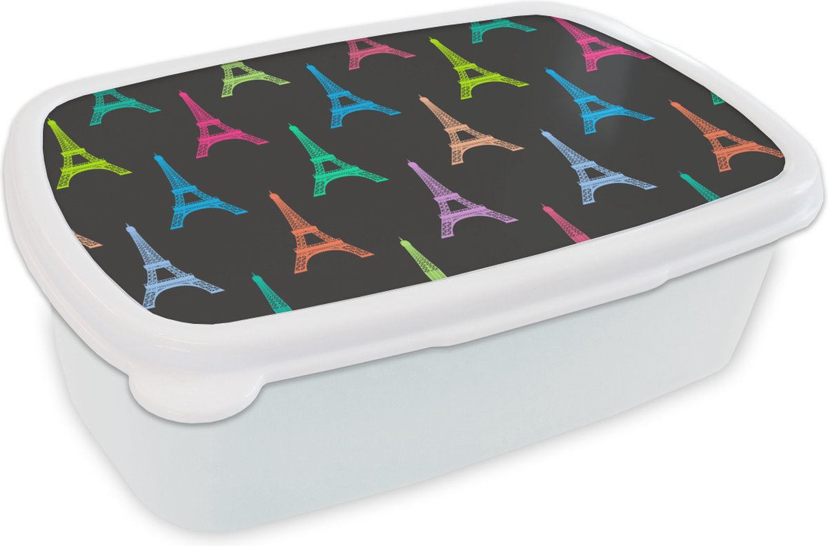 Broodtrommel Wit - Lunchbox - Brooddoos - Eiffeltoren - Patronen - Parijs - 18x12x6 cm - Volwassenen