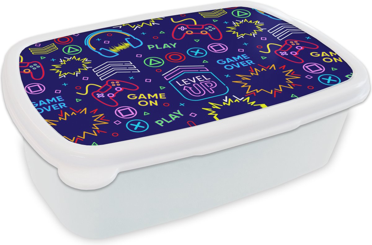 Broodtrommel Wit - Lunchbox - Brooddoos - Gaming - Neon - Koptelefoon - Design - 18x12x6 cm - Volwassenen