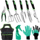 RVS - Tuingereedschapset - Handschoenen - Bonsaischop - Harkcultivator - Wiedergereedschap - Met Gereedschapstas - Groen - 9-delige set