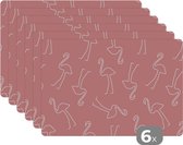 Placemat - Placemats kunststof - Flamingo - Line Art - Roze - Patronen - 45x30 cm - 6 stuks - Hittebestendig - Anti-Slip - Onderlegger - Afneembaar