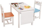 Luxiqo® Kindertafel en Stoeltjes Set – Kindertafel – Kinderstoel – Speeltafel –Knutseltafel –  Papierrolhouder – Tekentafel  – Hout – Wit met Blauw en Geel