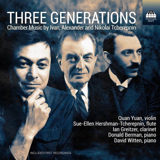Drie mannen, Ivan, Alexander en Nikolai Tcherepnin, portret op een albumhoes getiteld "Three Generations".