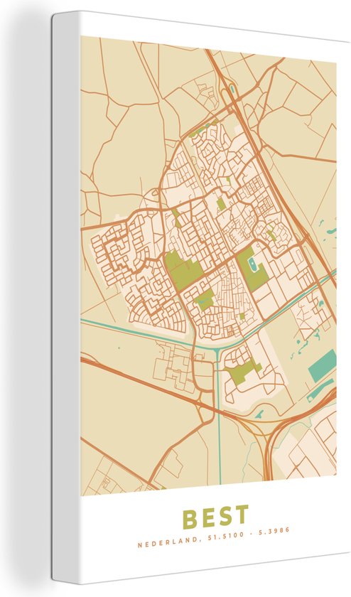 Canvas Schilderij Best - Vintage - Plattegrond - Kaart - Stadskaart - 40x60 cm - Wanddecoratie