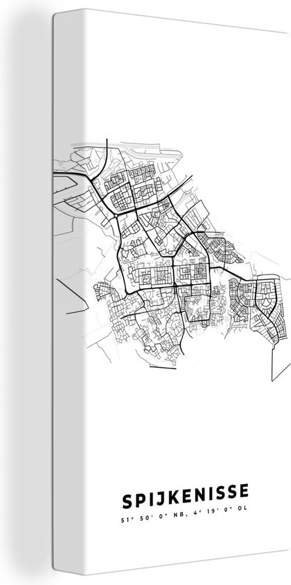 Canvas Schilderij Kaart – Plattegrond – Stadskaart – Spijkenisse – Nederland – Zwart Wit - 40x80 cm - Wanddecoratie