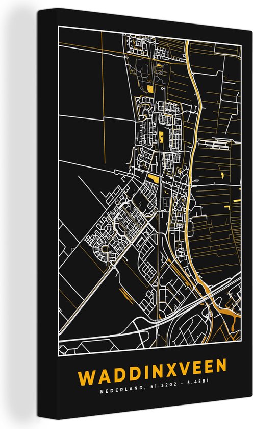Canvas Schilderij Waddinxveen - Stadskaart - Kaart - Plattegrond - Black and Gold - 40x60 cm - Wanddecoratie