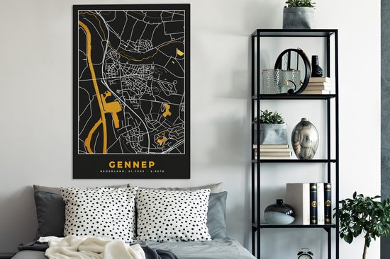 Tableau sur Toile Gennep - Plan de Ville - Black and Gold et Or - Carte - Carte - 80x120 cm - Décoration murale