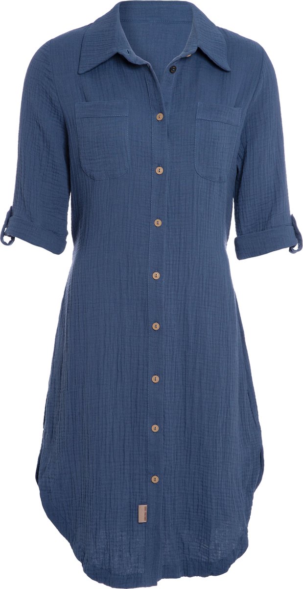 Knit Factory Kim Dames Blousejurk - Lange blouse dames - Blouse jurk donkerblauw - Zomerjurk - Overhemd jurk - M - Jeans - 100% Biologisch katoen - Knielengte