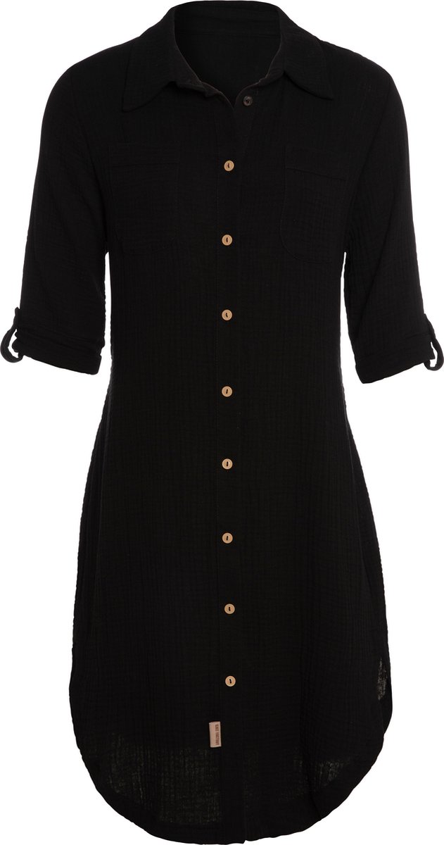 Knit Factory Kim Dames Blousejurk - Lange blouse dames - Blouse jurk zwart - Zomerjurk - Overhemd jurk - M - Zwart - 100% Biologisch katoen - Knielengte