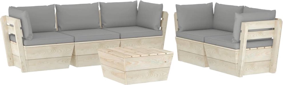 Medina loungeset van vurenhout met kussens in zachte tinten op pallet.